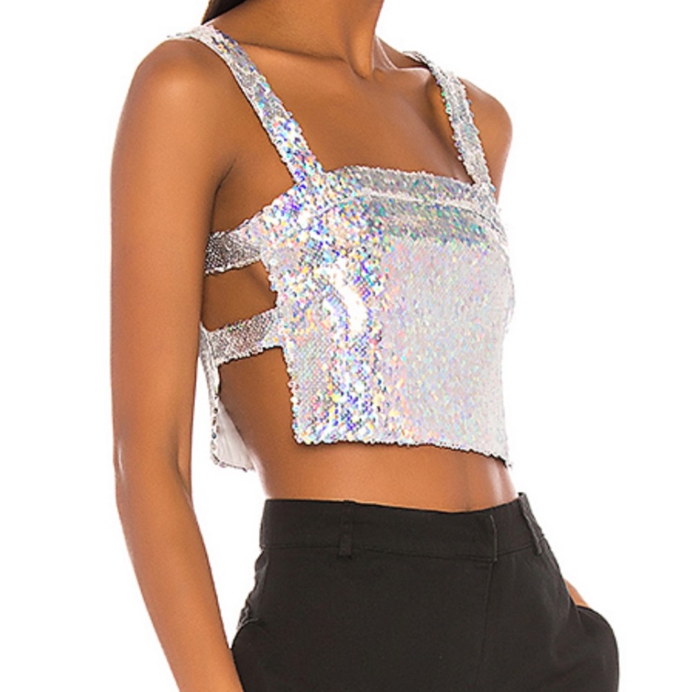 Superdown Karla Cut Out Top in Iridescent Silver